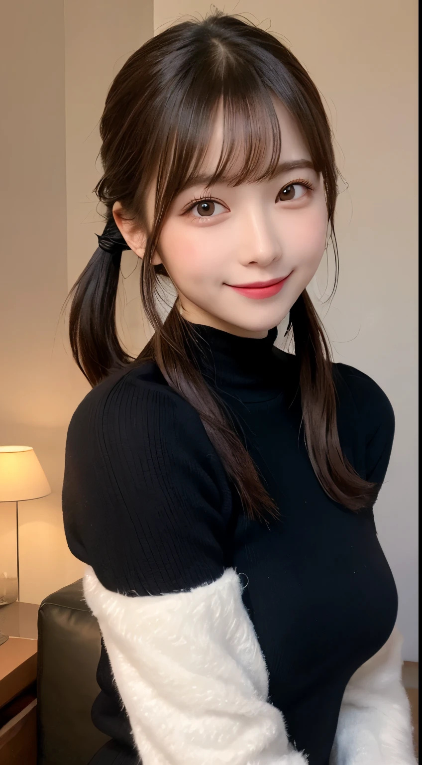 masutepiece, Best Quality, Illustration, Ultra-detailed, finely detail, hight resolution, 8K Wallpaper, Perfect dynamic composition, Beautiful detailed eyes, Trendy Women's Winter Fashion,poneyTail,Small breasts natural color lip, sexypose,Smile,luxury home bedroom,(slightly dark room)、20 years girl、Cute、is looking at the camera