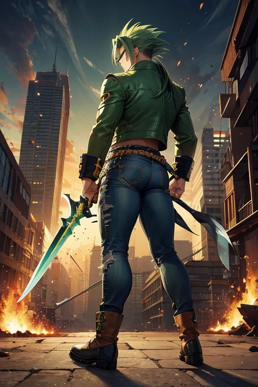 Highly detailed, (masterpiece), best quality, expressive eyes, perfect face, 1man, Spiked hair, long hair, Super_Saiyan_Trunks Green hair, green eyes, Bulky Body Builder Masculine body, Green leather Jacket & Jeans, Holding a Gigantic Battle Axe Spear Hammer, combat boots, full body, back view