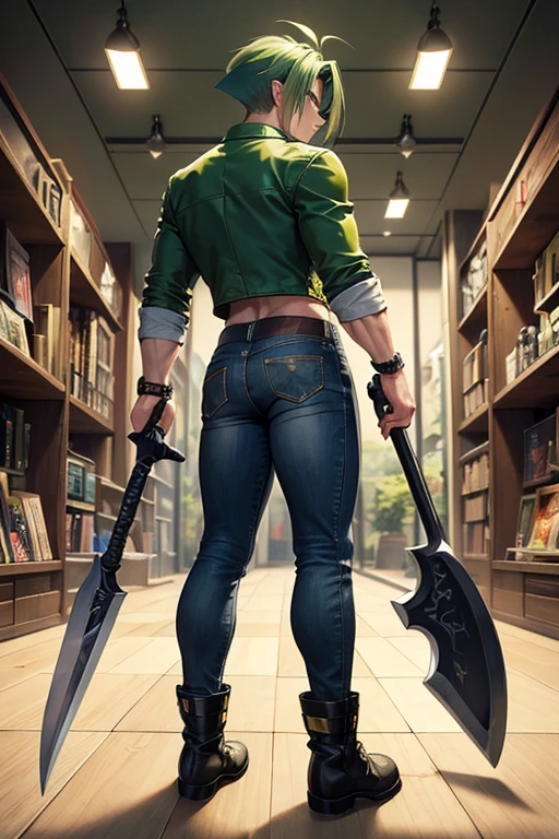 Highly detailed, (masterpiece), best quality, expressive eyes, perfect face, 1man, Spiked hair, long hair, Super_Saiyan_Trunks Green hair, green eyes, Bulky Body Builder Masculine body, Green leather Jacket & Jeans, Holding a Gigantic Battle Axe Spear Hammer, combat boots, full body, back view