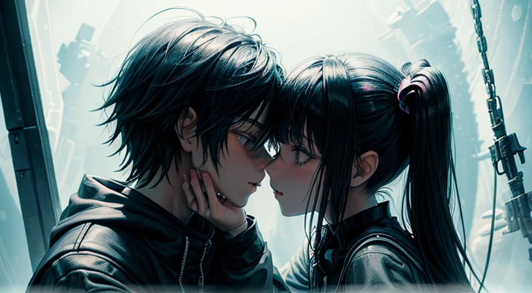 a ager girl in black pigtails kissing an emo teen male guy, spaceship, space ship, futuristic