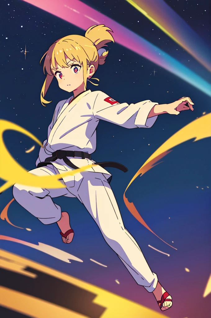 Draw a  in a white long-sleeved karate suit with a black belt in a powerful scene in motion. The child is a e girl. Sheer-length blonde hair tied in a plait. In the background is a meadow and a beautiful night sky with shooting stars. 4 K. Masterpice.