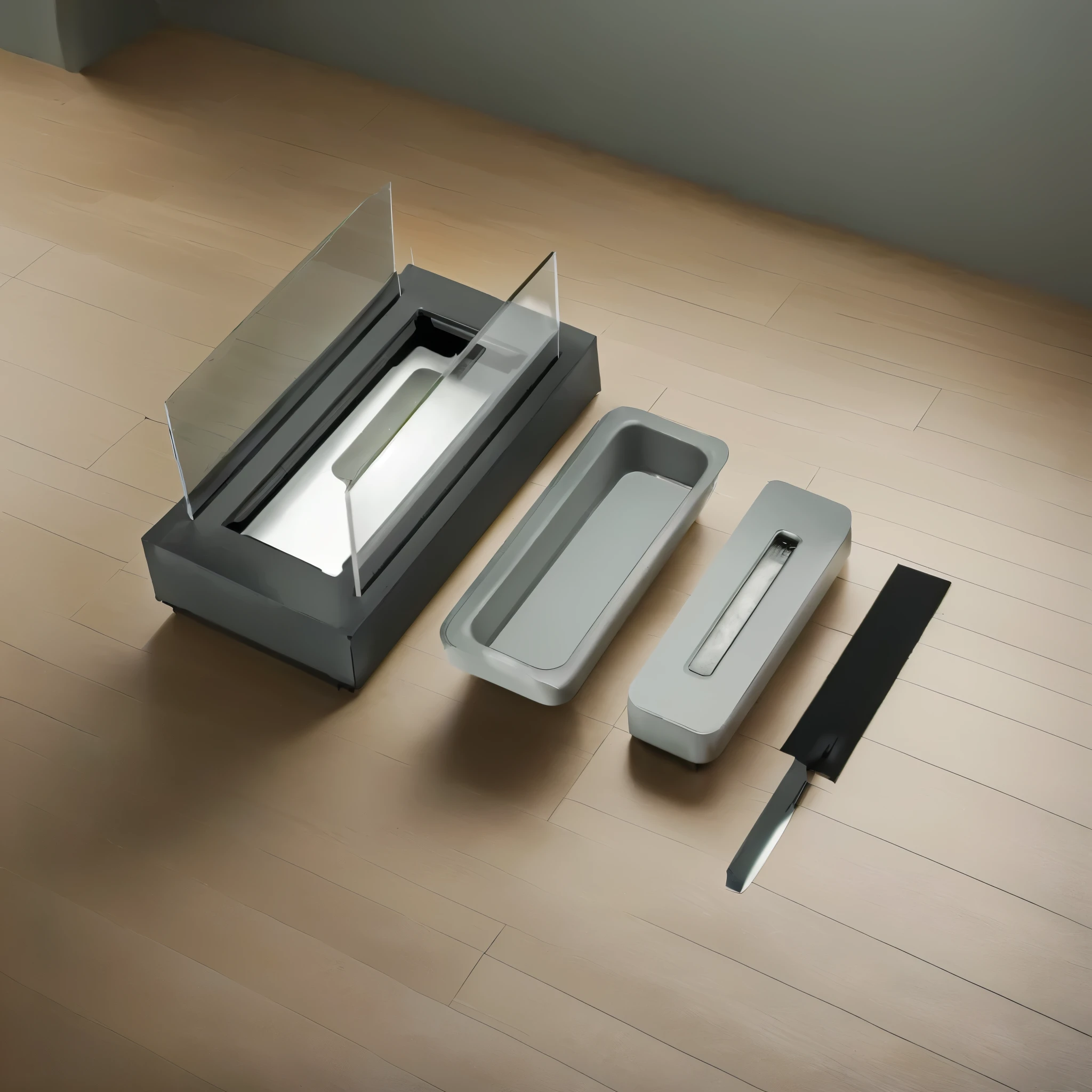 there is a knife, a knife sharper and a box on the floor, minimalistic design, with everything in its place, product photo, landscape vista, product render, made of high tech materials, minimalist furniture, very minimalistic, product introduction photo, elegant minimalism, product design shot, smooth surfaces, quick assembly, minimal modern, crisp clean shapes