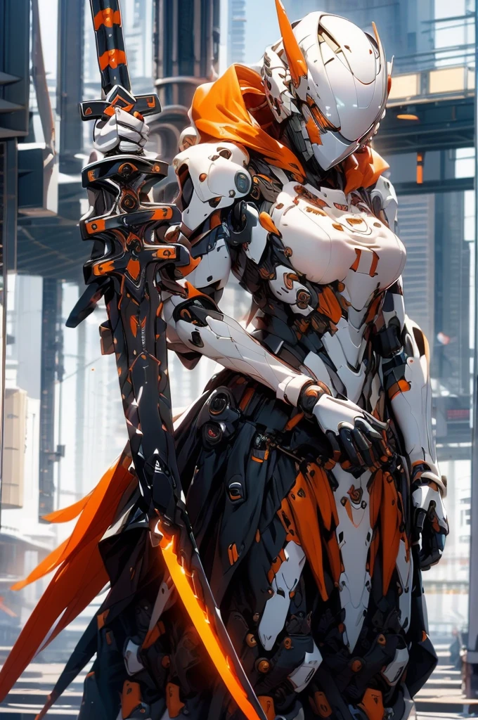 mecha musume, 1 girl, beautiful face, no helmet, long hair, science fiction, weapon, long sword, holding sword, orange eyes, solo, headgear, holding weapon, mecha, standing