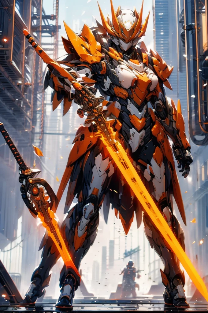 mecha musume, 1 girl, beautiful face, no helmet, long hair, science fiction, weapon, long sword, holding sword, orange eyes, solo, headgear, holding weapon, mecha, standing