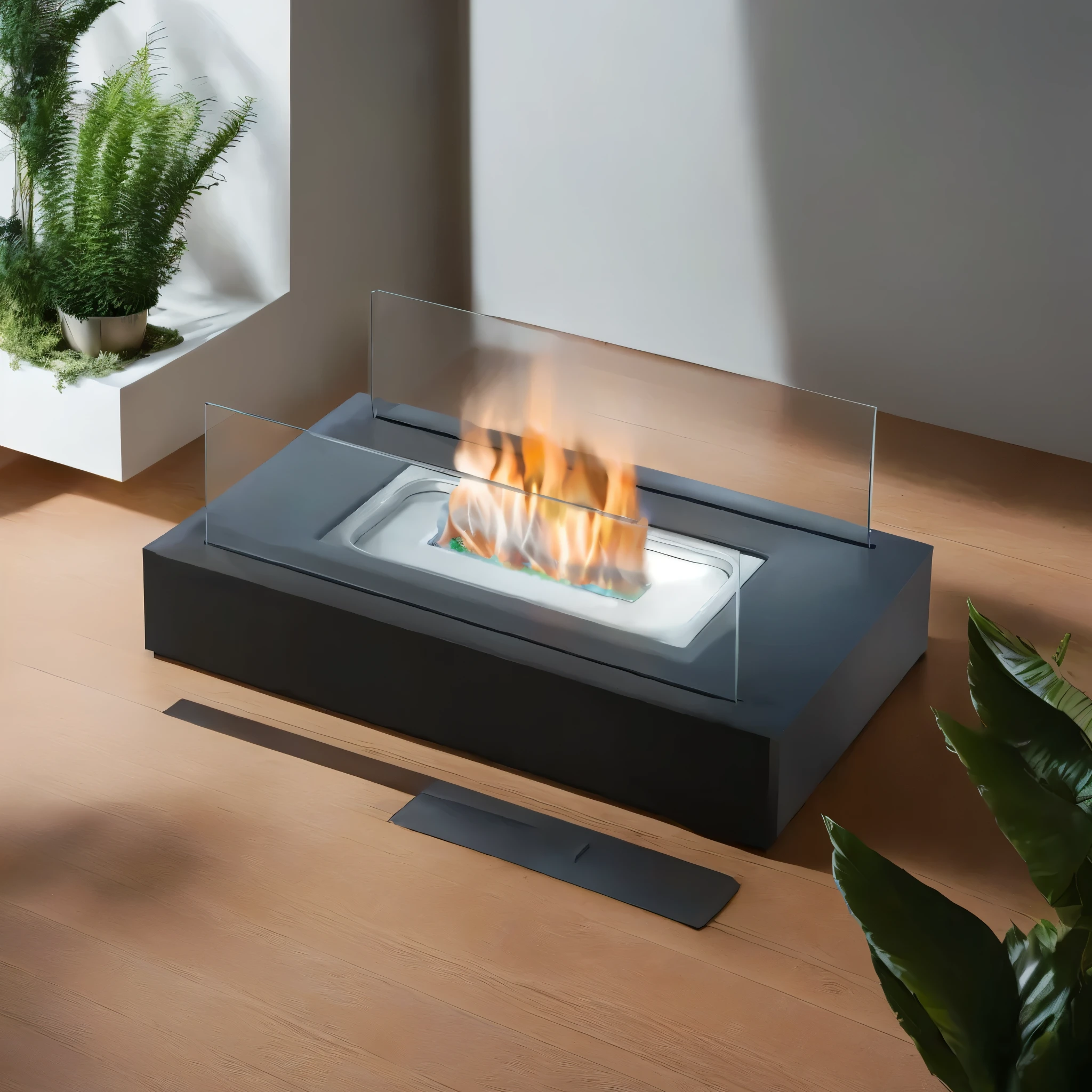 a close up of a fire pit on a table with a plant, small fire, stunning high tech, fire, fire place roaring, vibrant atmosphere, irori fireplace, fire lit, warm atmosphere, open peat fire in center of room, placed in a large living room, warm features, fiery atmosphere, fireplace, placed in a living room, fire pit, burning fire