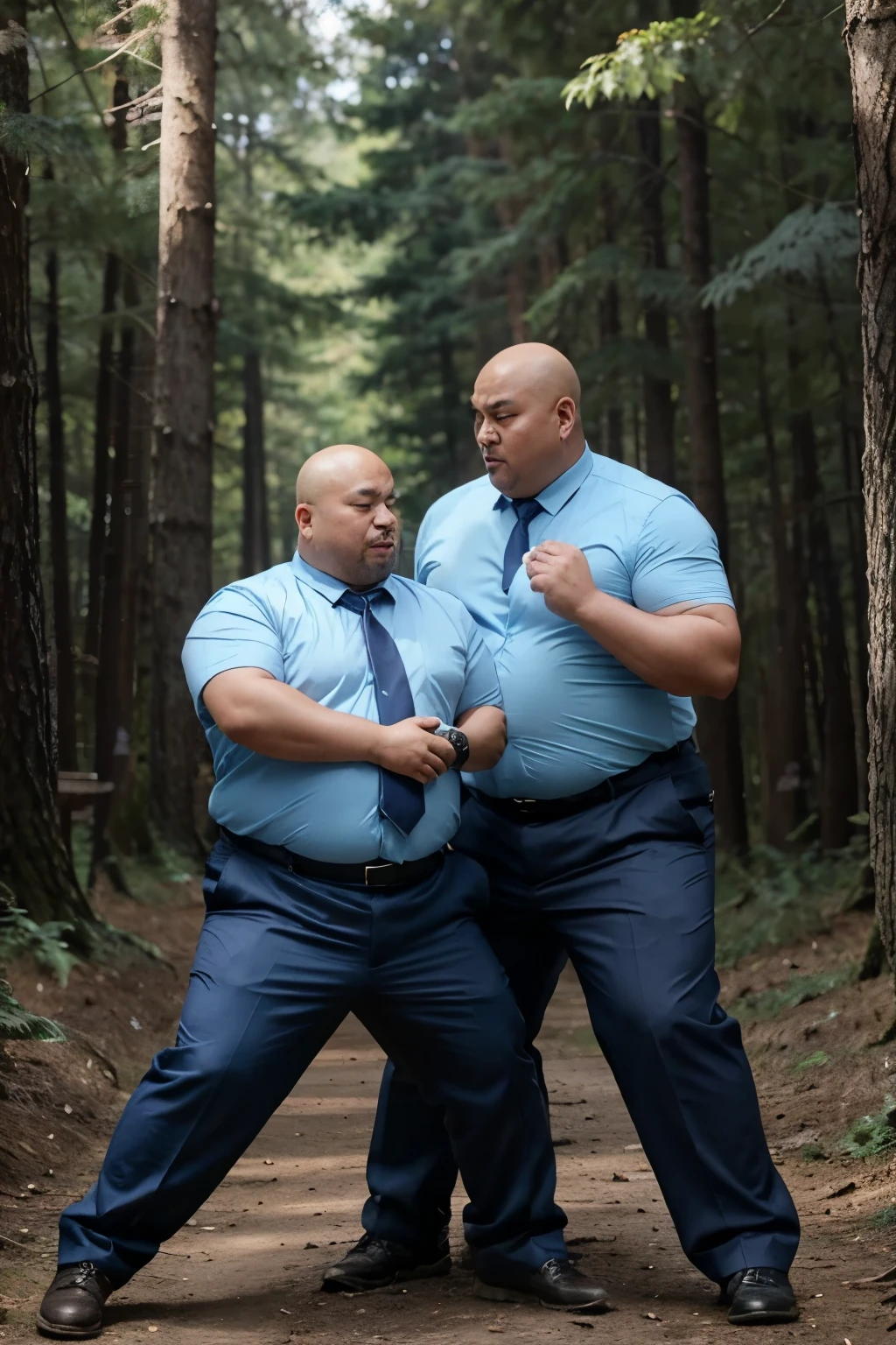 Two fat Chinese bald men wearing light blue shirts and dark blue ties are fighting in the forest