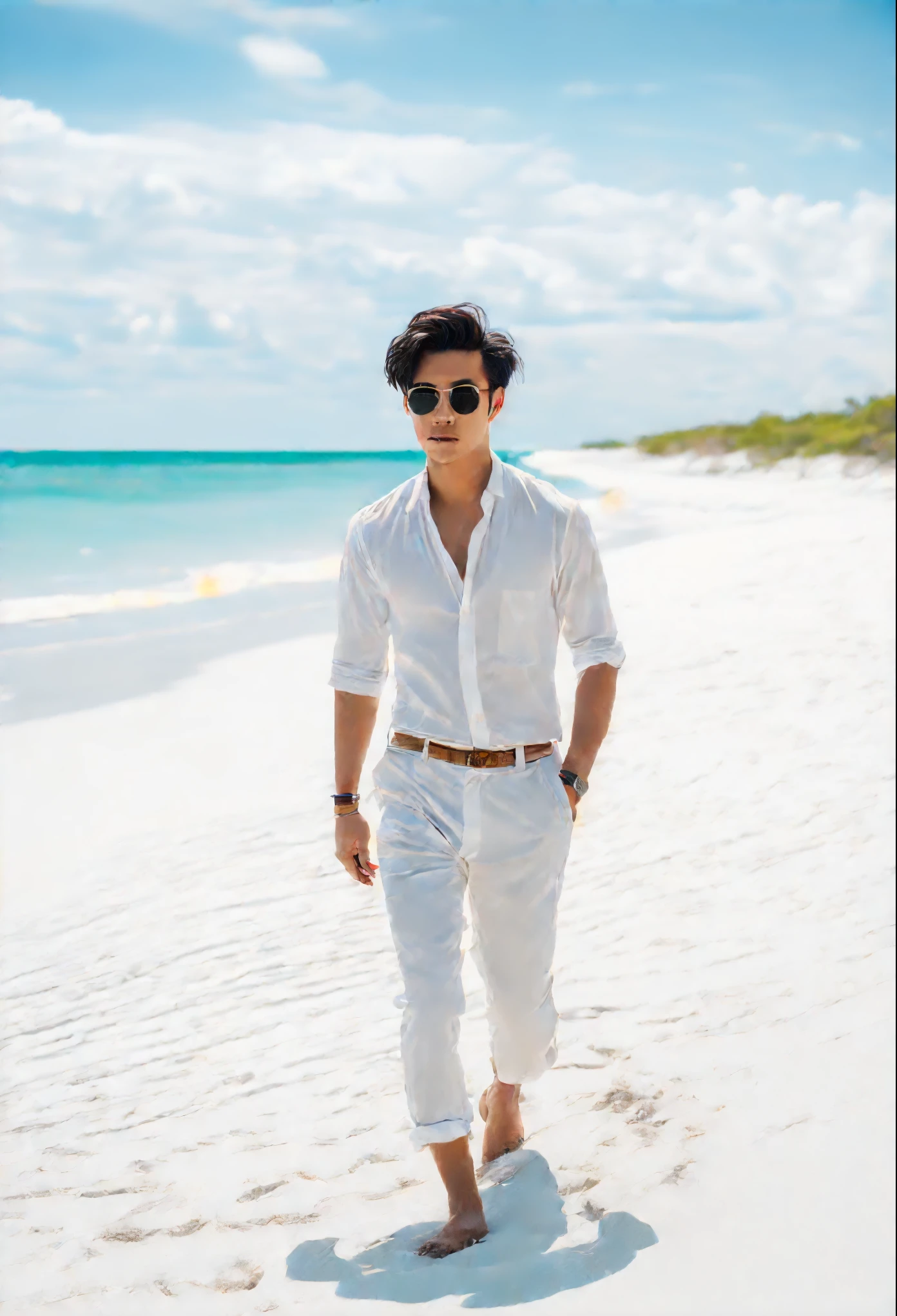 A handsome asian man walking in a white sand beach, with a stylish hair, sunswtbretro, surrealism, ultra HD res, high quality