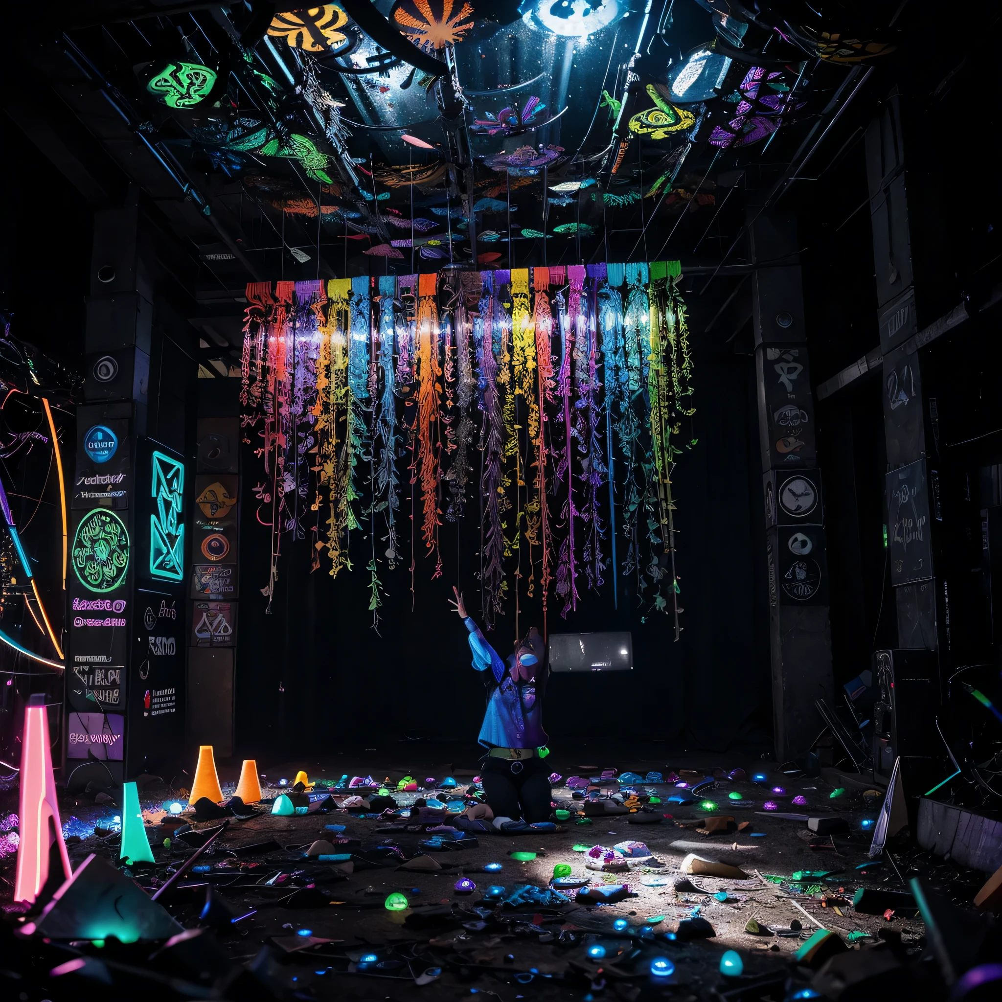 Techno, Psy-Trance, Zauberpilze, LSD, extasy, Unkraut, Drogen, Neonlichter, Dunkle Nacht,