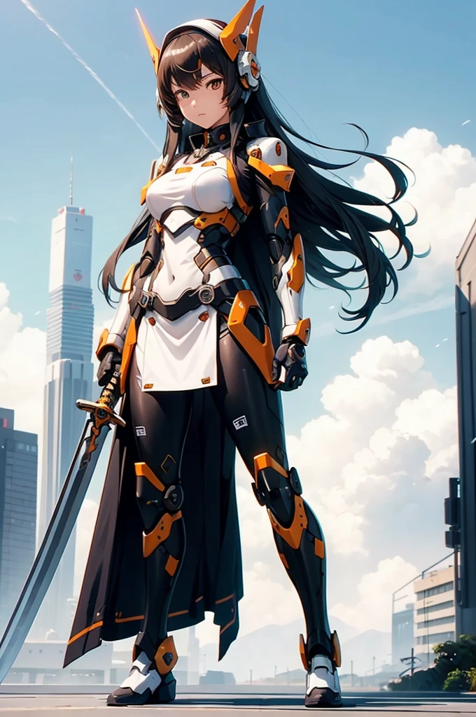 mecha musume, 1 girl, beautiful face, no helmet, long hair, science fiction, weapon, long sword, holding sword, orange eyes, solo, headgear, holding weapon, mecha, standing