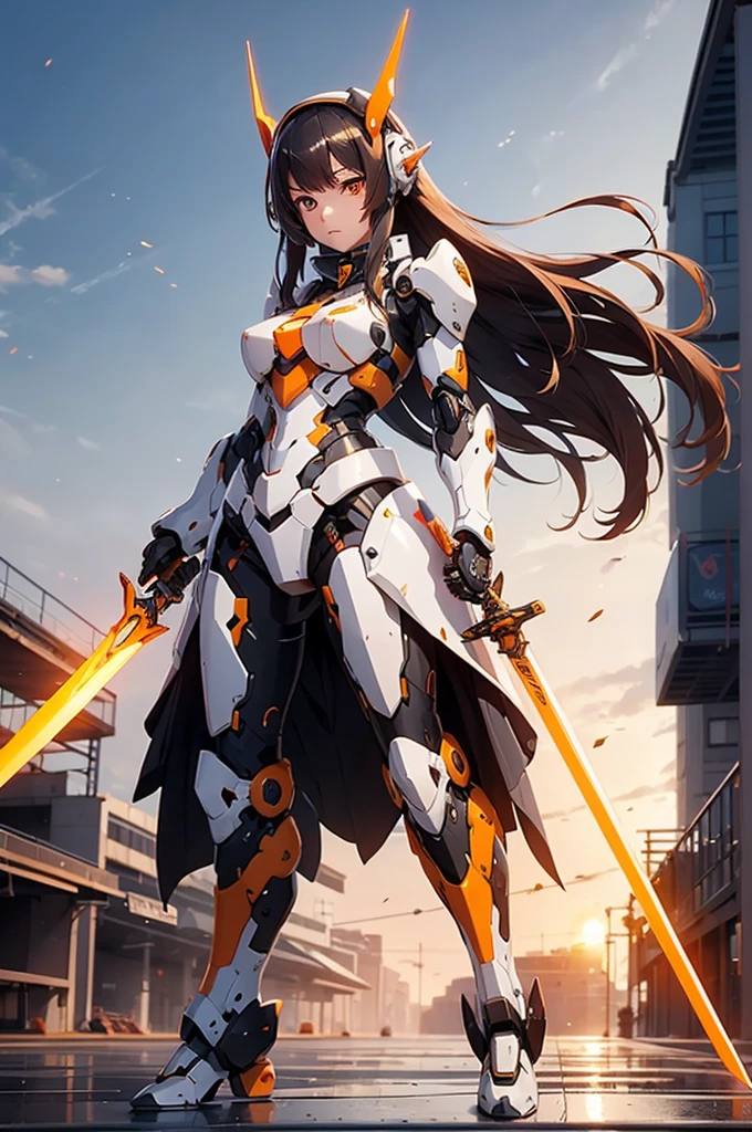 mecha musume, 1 girl, beautiful face, no helmet, long hair, science fiction, weapon, long sword, holding sword, orange eyes, solo, headgear, holding weapon, mecha, standing