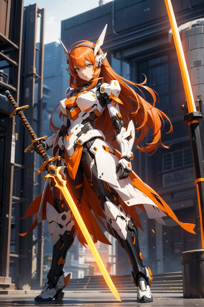 mecha musume, 1 girl, beautiful face, no helmet, long hair, science fiction, weapon, long sword, holding sword, orange eyes, solo, headgear, holding weapon, mecha, standing