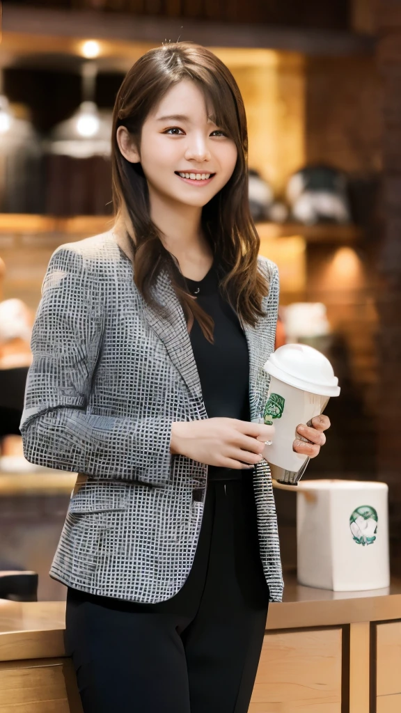 two womens, (Raw photography:1.2), (Photorealsitic:1.4), (masterpiece:1.3), (Top image quality:1.4), 超A high resolution, (detailed facial features), (detailed clothes features), nffsw, 8K分辨率, solofocus, (Slender girl), (Extreme detailed illustration), ((Office Suits)),white shirt, ((jaket)),((jaket)), The background is inside the Starbucks store..........., (holding a frappe in hand),(holding a frappe in hand),A smile