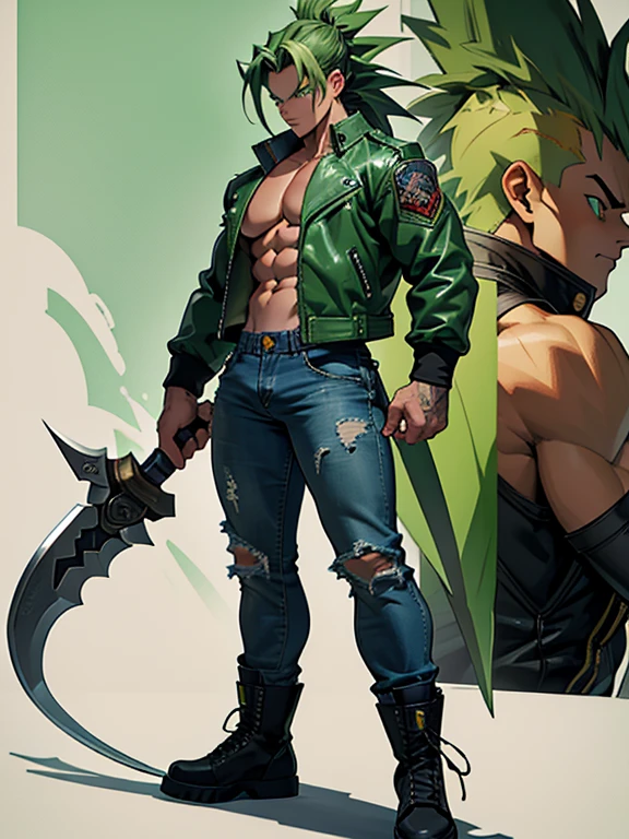 Highly detailed, (masterpiece), best quality, expressive eyes, perfect face, 1man, Spiked hair, long hair, Super_Saiyan_Trunks Green hair, green eyes, Bulky Body Builder Masculine body, Green leather Jacket & Jeans, Holding a Gigantic Battle Axe Spear Hammer, combat boots, full body, back view
