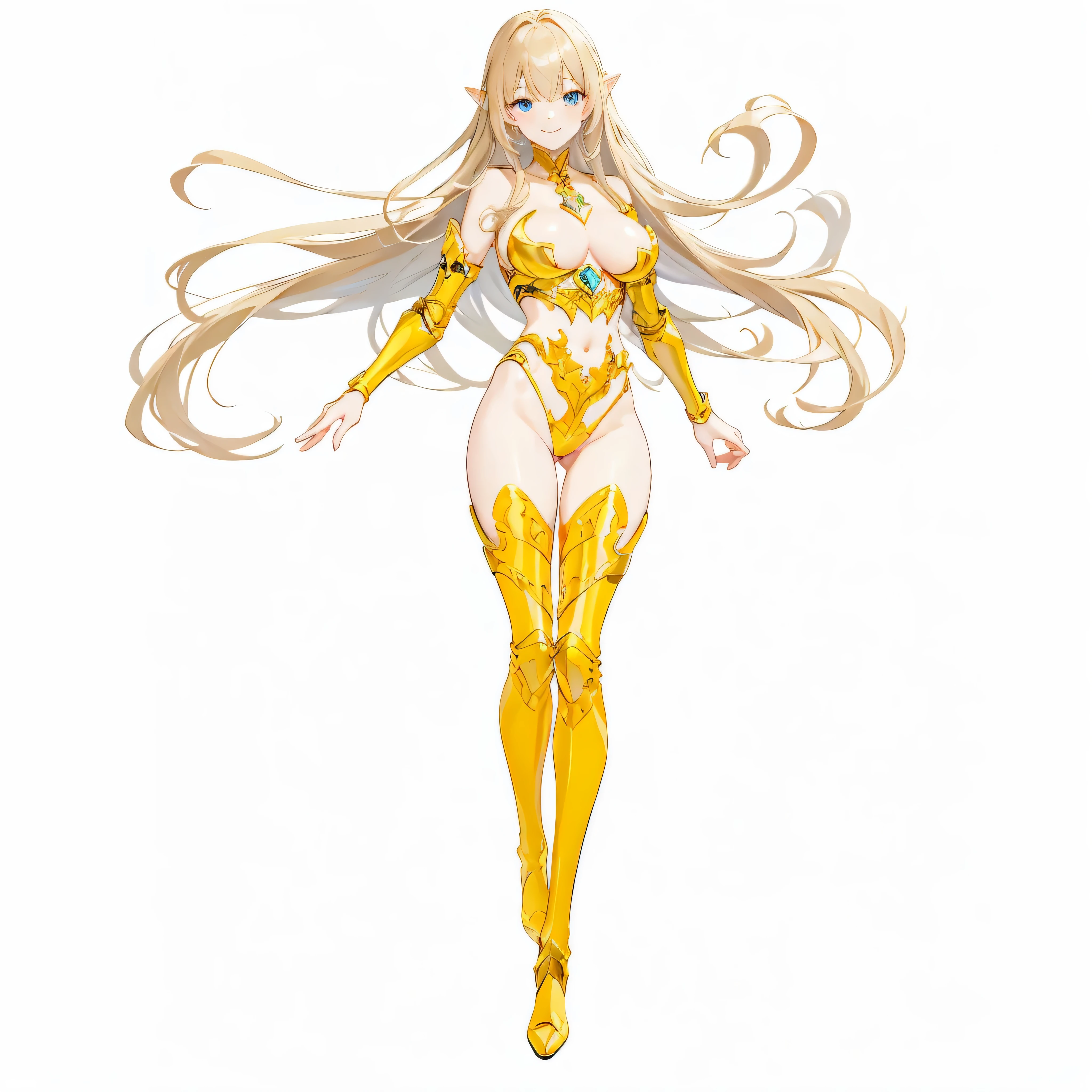 masterpiece、top-quality、ighly detailed、hight resolution、16k、fullnude、teats、Teetoob proportions、golden armour、Very thin skirt、Black pants、Very white skin、Beautiful fingers、Anime girl with very big breasts posing naked、Perfect Style、elvish、no-bra、Blonde blue-eyed、A smile、elvishの女の子、slim the contours