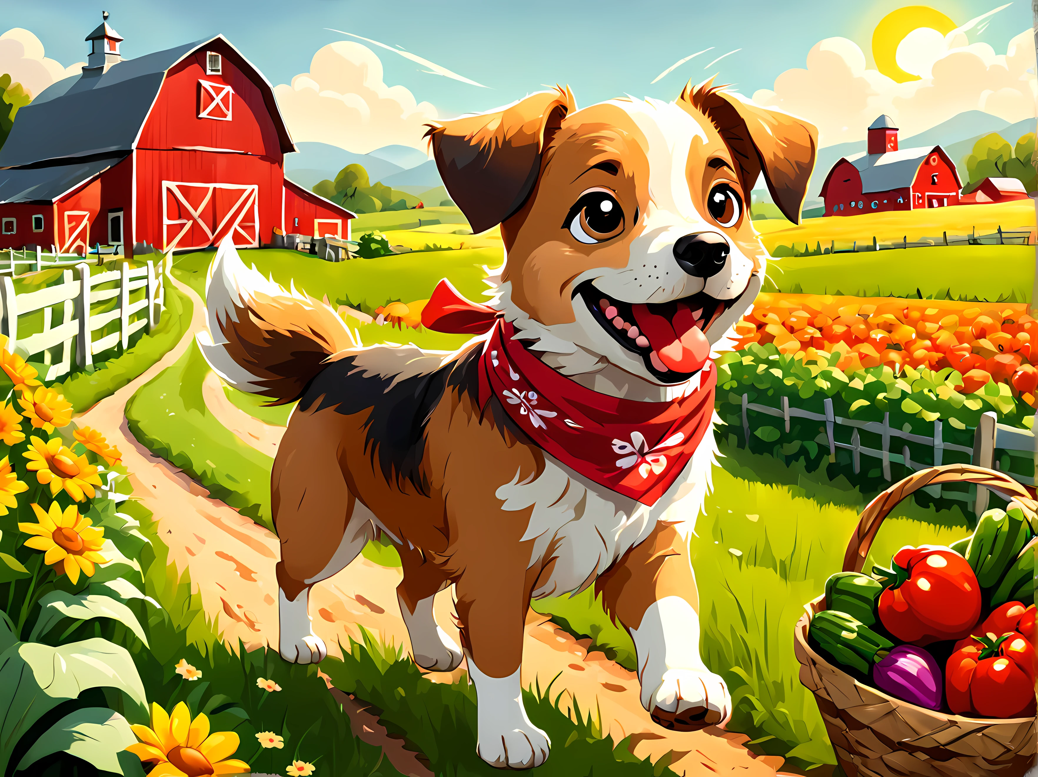 Cute Cartoon, CuteCartoonAF, (cute cartoon style:1.3), (solo:1.3), adorable dog named Max, wearing a red bandana around its neck, happily assisting on a sunny farm, Max is ((carrying in its mouth)) a small basket filled with freshly picked vegetables, while wagging its tail with excitement, the farm is surrounded by beautiful green fields and colorful flowers, with a charming red barn in the background. | More_Detail