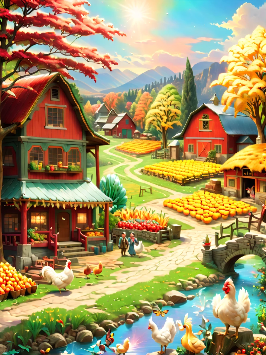 (tmasterpiece:1.2), (Faraway view:1.8), ultra - detailed, (actual, realistically:1.37), vivd colour, magical ambiance, Whimsical, Comfortable，(Farm life: 1.8)，((1个戴草帽的美丽女孩在挤taur奶))，(Red roofs and surrounding golden wheat fields and colorful orchardarmers are harvesting with combine harvesters and scythes，and load the fruit onto the truck，cavalos、taur、Animals such as chickens and ducks play in the farm，An oak tree laden with golden acorns，squirrels，autumnal，The wedding was held under the oak tree)，(((画面捕捉到了丰收的喜悦和和谐的Farm life)))，hyper realisitc的, Psychedelic, Complicated details, Beautiful texture, Ethereal, like a dream, soft luminescent glow, Charming Patterns, Fantasy Farm, Hidden surprises, fantastic farm scenery, hyper realisitc的 color palette, Mystic aura, hyper realisitc, Enchanting journey, psychedelic trip, vivid imagination, immersive experience, mysterious creature, otherworldly charm, hyper realisitc的天空, Whimsical theme park, (a magical encounter,Fascinating artwork)，(Ghibli-style colors, first person perspective, hyper HD, tmasterpiece, Acura, Anatomically correct, ctextured skin, super detailing, high detal, high high quality, Award-Awarded, Best quality, 8K)