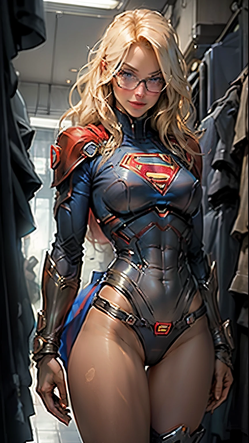 Supergirl (nsfw: 1.3) body set thick thighs cybernetic body parts, short underwear, blonde with blue eyes, superman S symbol on the chest, exposed rear skin, detailed face, gorgeous, gorgeous and sexy smile, glasses,