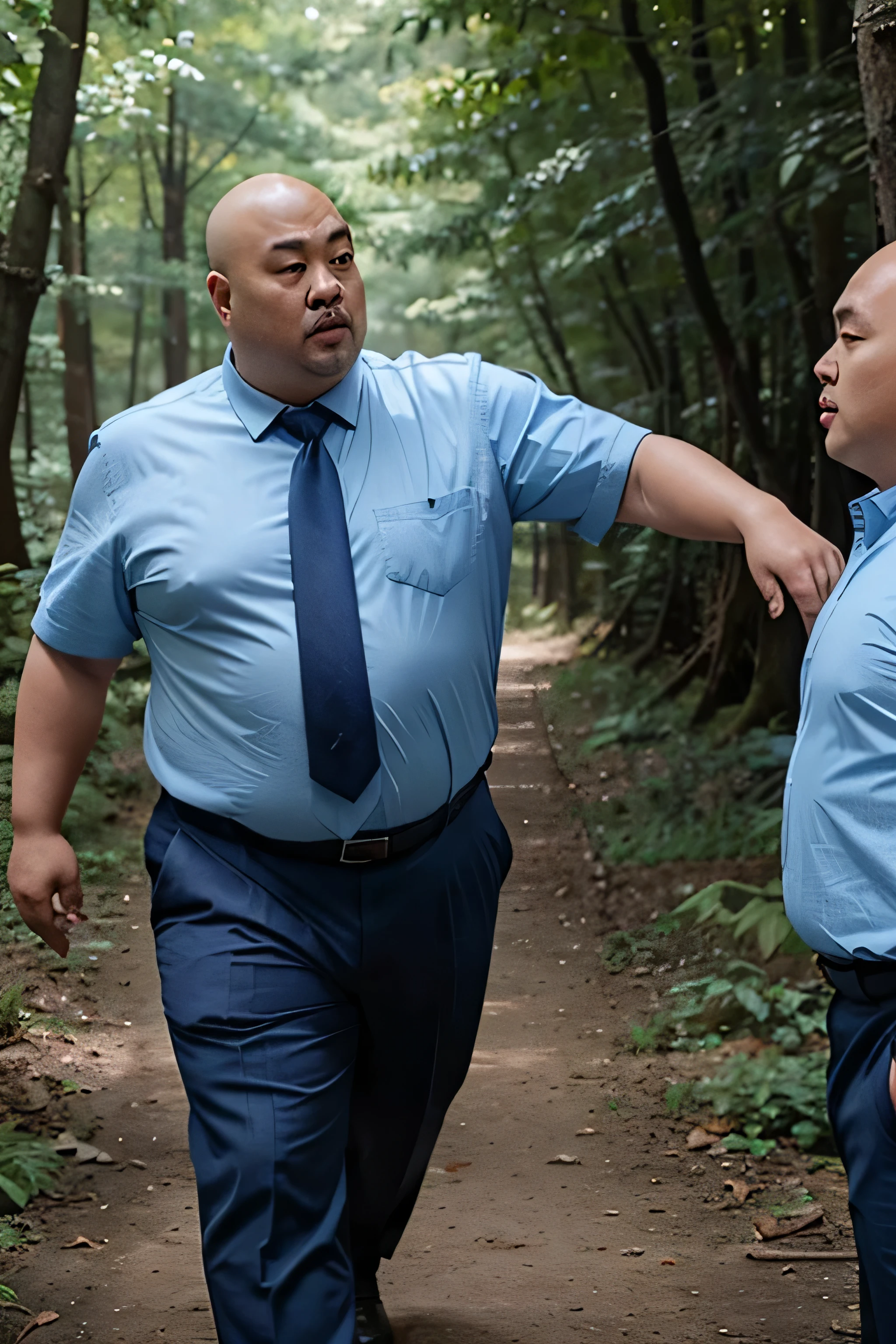 Two fat Chinese bald men wearing light blue shirts and dark blue ties are fighting in the forest