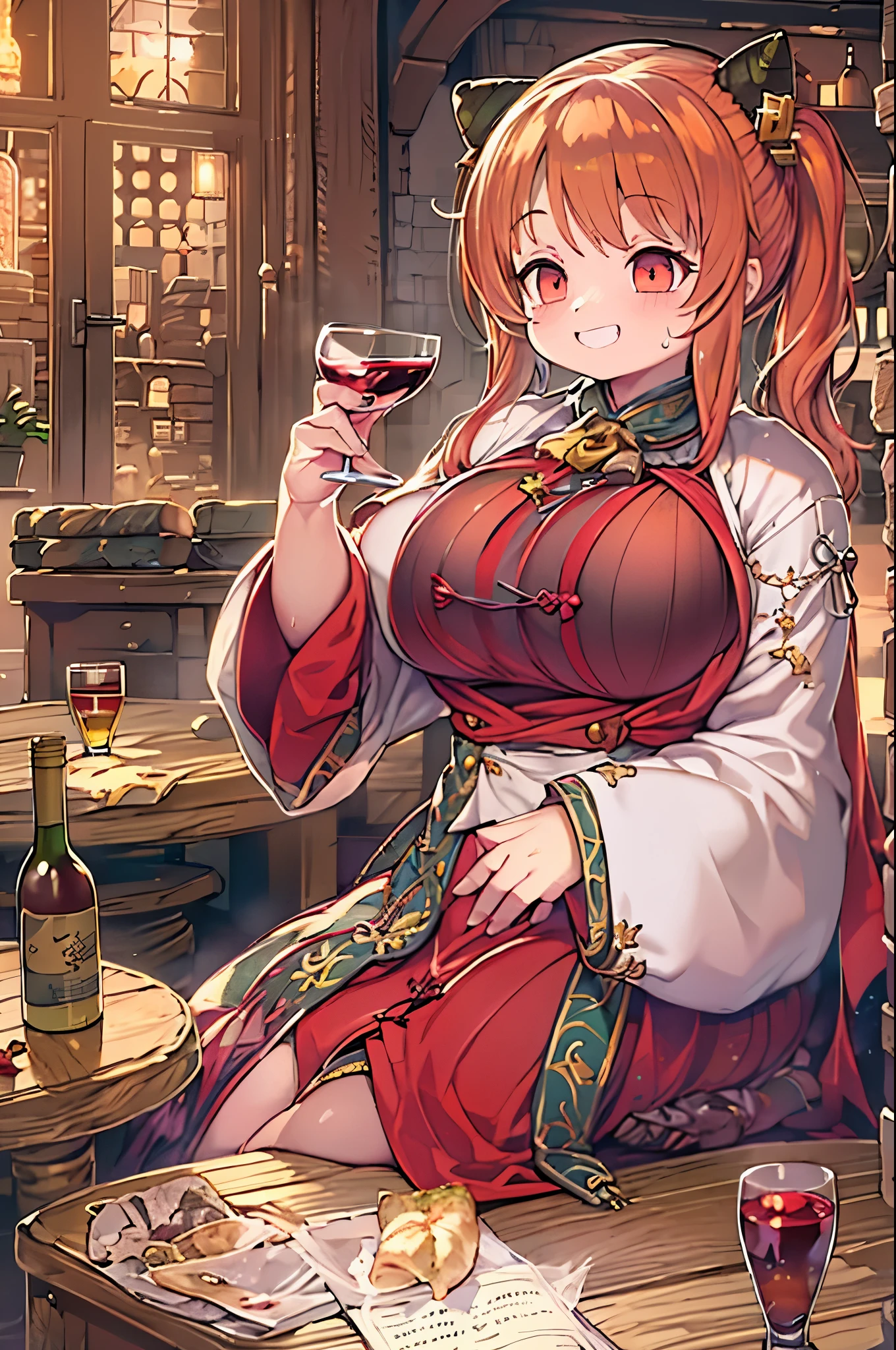 masutepiece, Best Quality, 女の子1人、huge-breasted、bbw 、drinking wine、huge smile、In the tavern、red blush、red fluid、Chibi