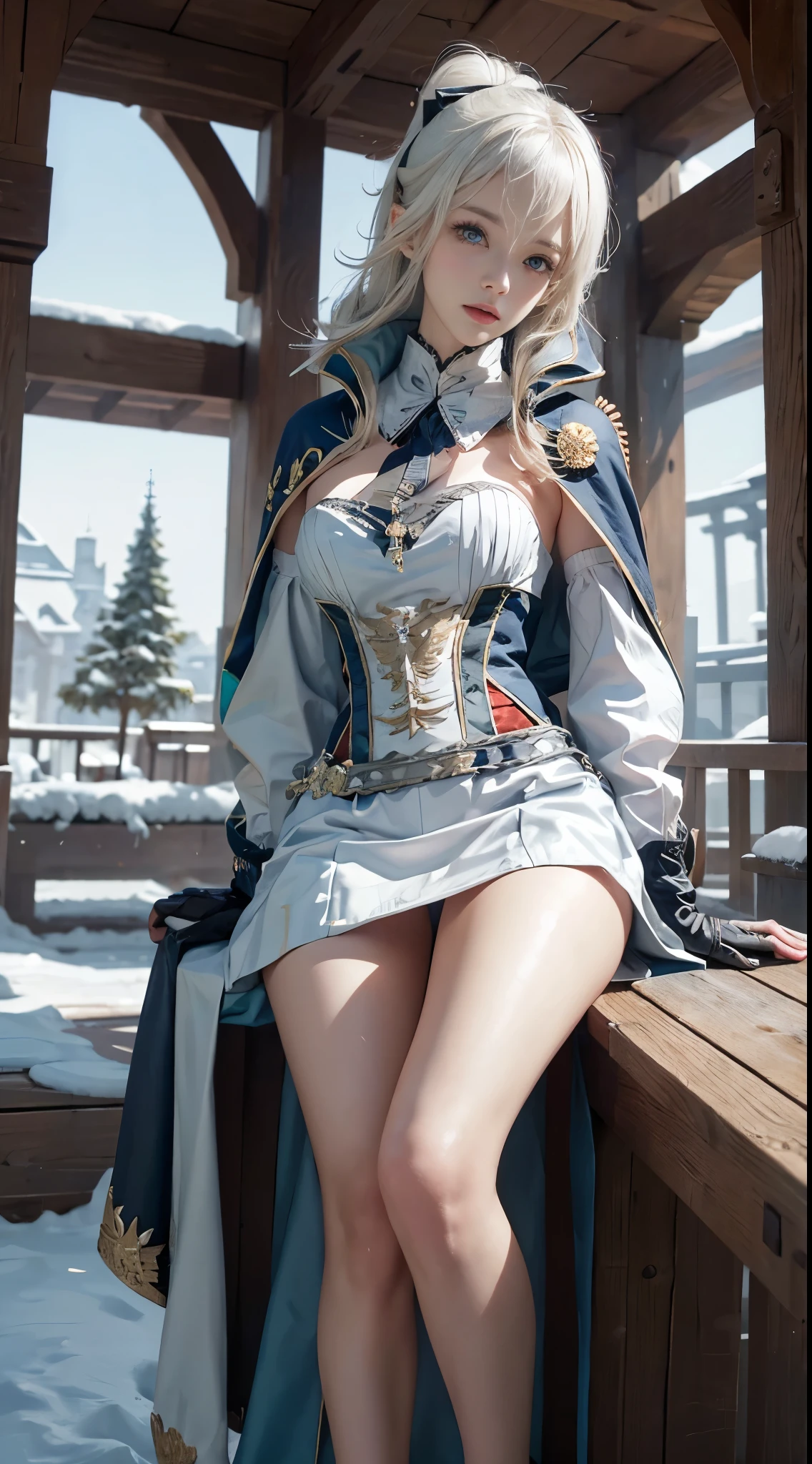 realisticlying, A high resolution, 1 Women, Alone, hip-up,(Lolita costume)， pretty eyes, White hair, eye socket, (Sat down，Cloak，snow field)，((lifting her skirt，))，jeanrnd，