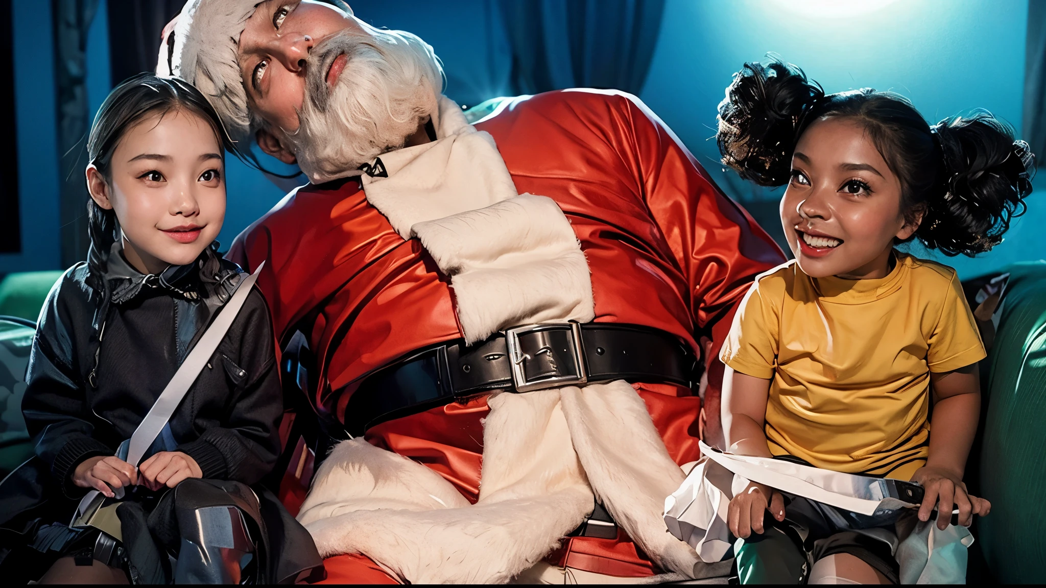 two girls sitting near Santa, sitting at green sofa, realistic. 4k, rim light, high resolution, 3d render