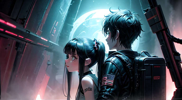 a teenager girl in black pigtails kissing an emo teenager male guy, spaceship, space ship, futuristic