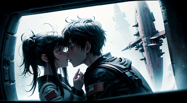 a teenager girl in black pigtails kissing an emo teenager male guy, spaceship, space ship, futuristic