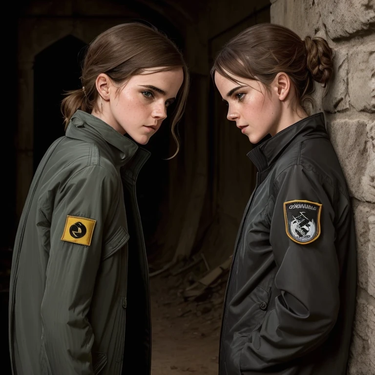 Emma Watson trägt ((nur ein formelles Jackett und ein schwarzer String)). nice tits, Blick auf den Betrachter. dunkler Hintergrund, Scheinwerfer, Dramatische Beleuchtung, ((Kunstfotografie)). ((realistisch))