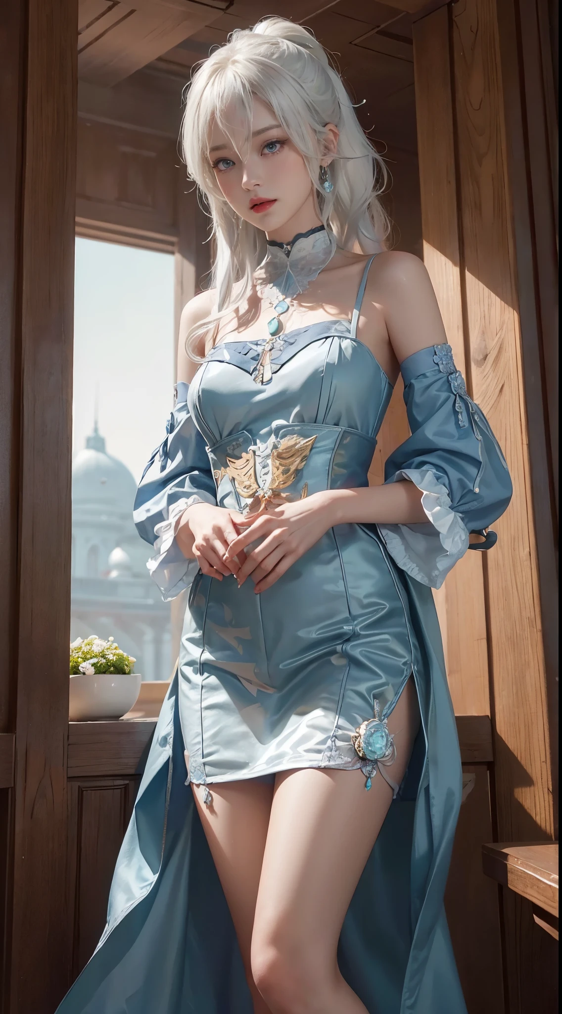 (((colorfulhair, [White hair]))), Hyper-realistic 8k CG, picture-perfect face, flawless perfection, Clean, tmasterpiece, professionalartwork, famousartwork, 电影灯光, cinematicbloom, is a perfect face,(young:1.2),((20yr old)), Nice face, pretty eyes, (((Perfect female body, Willow waist))), young princess, Royal, sankta, welcoming, sankta, (royal palace), Fantastical, like a dream, Not real, scientific fiction, (ordinary:1.2), Beautiful outfit, Lace, Lace edges, Lace-trimmed tights, NSFW,, Ridiculously long hair, Very long hair, (Rich:1.4), choker necklace, ear nipple ring, bangle, armlets, view the viewer,(virgin:1), (Hands have up to five fingers), (Redlip)，jeanseabreeze，