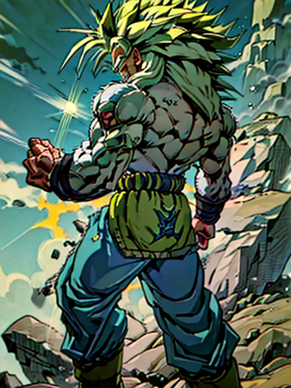 Highly detailed, (masterpiece), best quality, expressive eyes, perfect face, 1man, Spiked hair, long hair, Super_Saiyan_Trunks Green hair, green eyes, Bulky Body Builder Masculine body, Green leather Jacket & Jeans, Holding a Gigantic Battle Axe Spear Hammer, combat boots, full body, back view