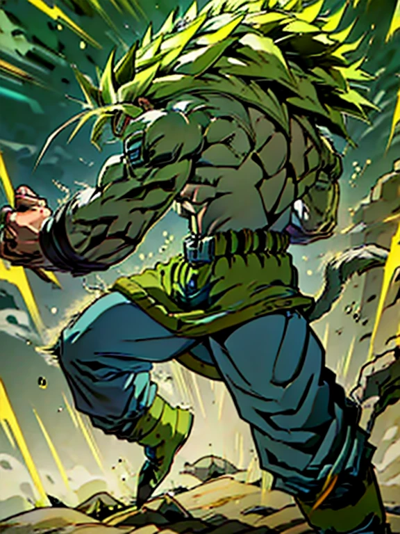 Highly detailed, (masterpiece), best quality, expressive eyes, perfect face, 1man, Spiked hair, long hair, Super_Saiyan_Trunks Green hair, green eyes, Bulky Body Builder Masculine body, Green leather Jacket & Jeans, Holding a Gigantic Battle Axe Spear Hammer, combat boots, full body, back view