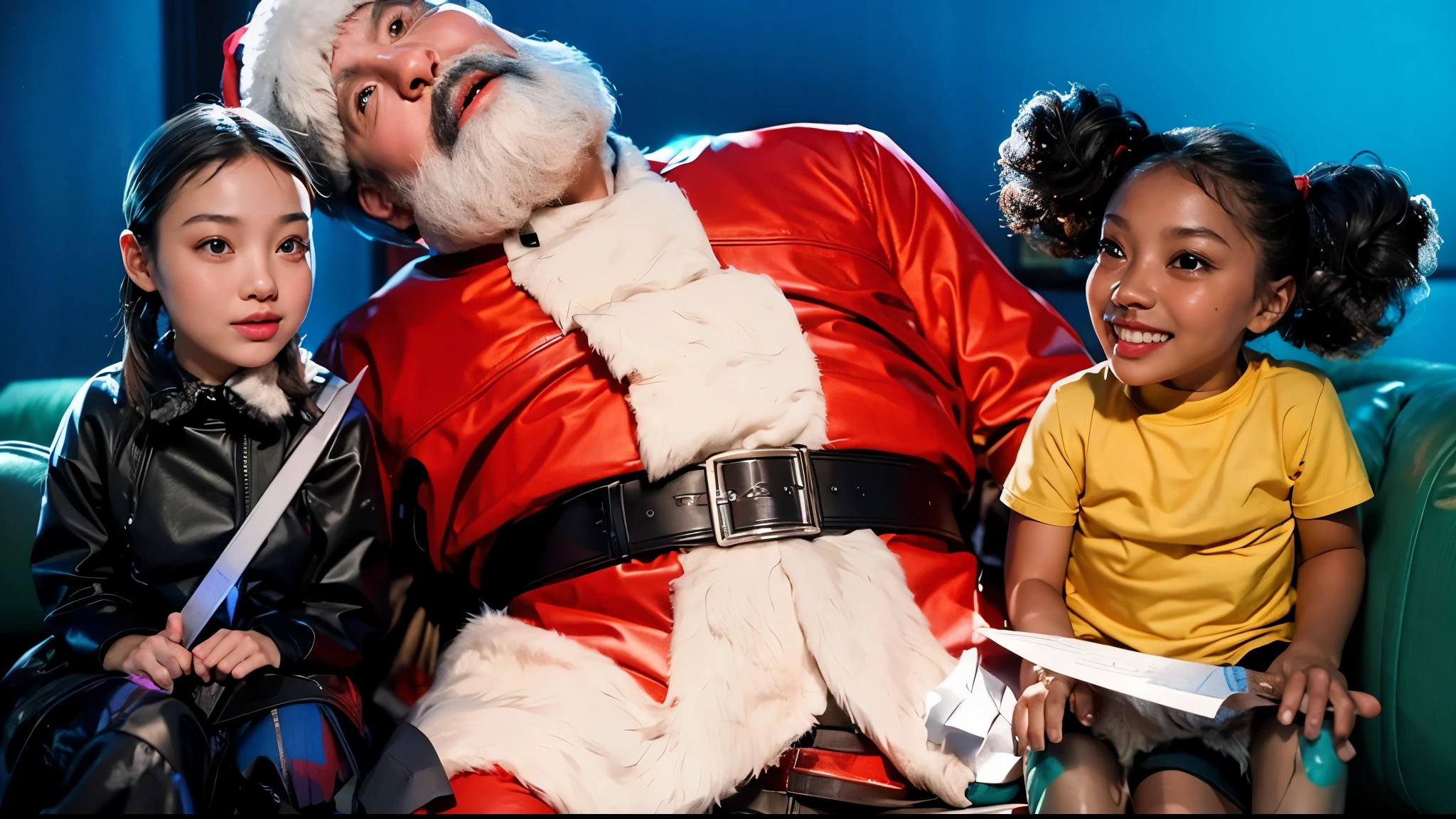 two girls sitting near Santa, sitting at green sofa, realistic. 4k, rim light, high resolution, 3d render
