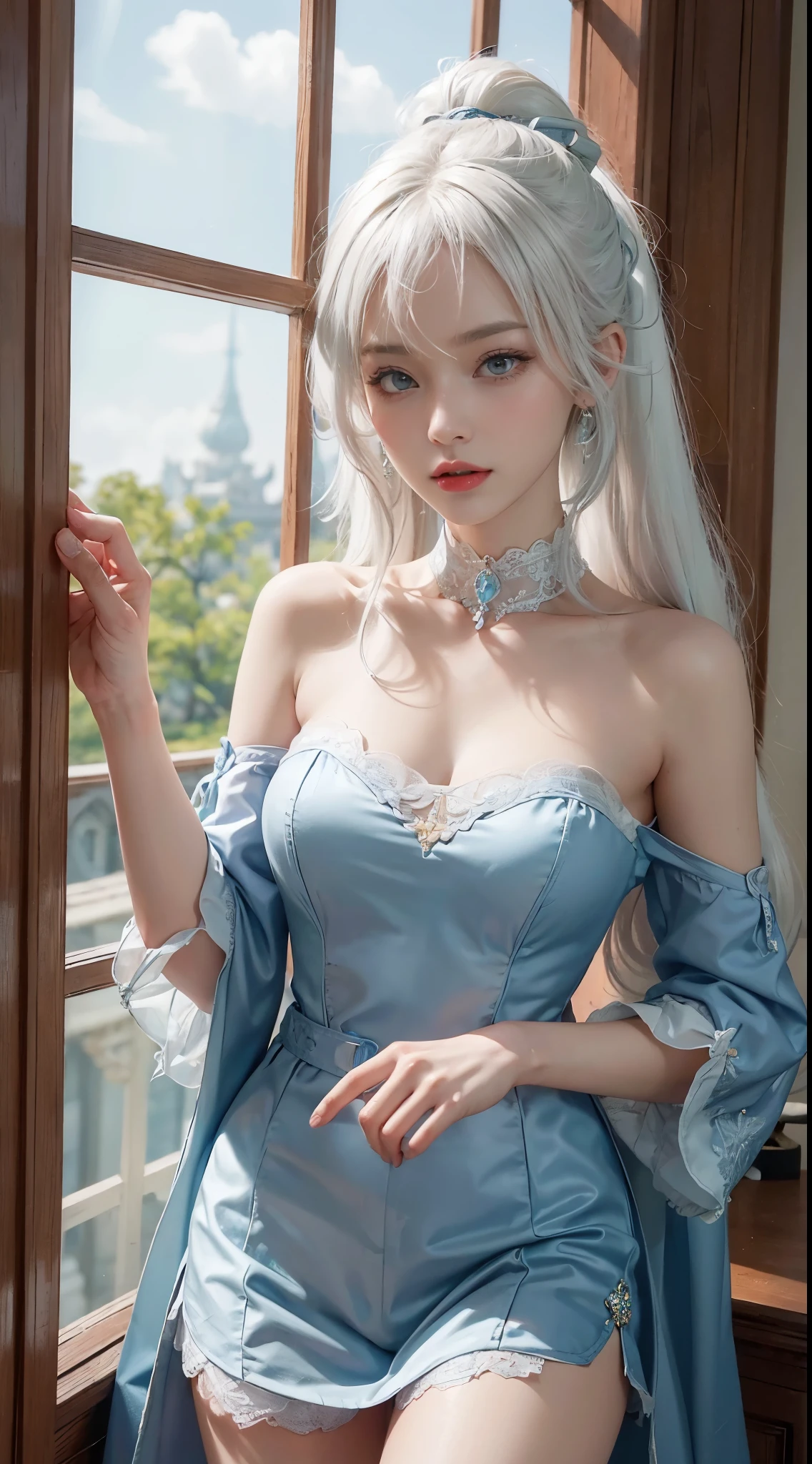 (((colorfulhair, [White hair]))), Hyper-realistic 8k CG, picture-perfect face, flawless perfection, Clean, tmasterpiece, professionalartwork, famousartwork, 电影灯光, cinematicbloom, is a perfect face,(young:1.2),((20yr old)), Nice face, pretty eyes, (((Perfect female body, Willow waist))), young princess, Royal, sankta, welcoming, sankta, (royal palace), Fantastical, like a dream, Not real, scientific fiction, (ordinary:1.2), Beautiful outfit, Lace, Lace edges, Lace-trimmed tights, NSFW,, Ridiculously long hair, Very long hair, (Rich:1.4), choker necklace, ear nipple ring, bangle, armlets, view the viewer,(virgin:1), (Hands have up to five fingers), (Redlip)，jeanseabreeze，
