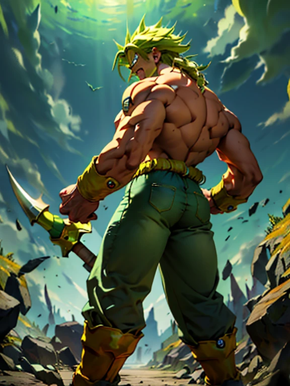 Highly detailed, (masterpiece), best quality, expressive eyes, perfect face, 1man, Spiked hair, long hair, Super_Saiyan_Trunks Green hair, green eyes, Bulky Body Builder Masculine body, Green leather Jacket & Jeans, Holding a Gigantic Battle Axe Spear Hammer, combat boots, full body, back view