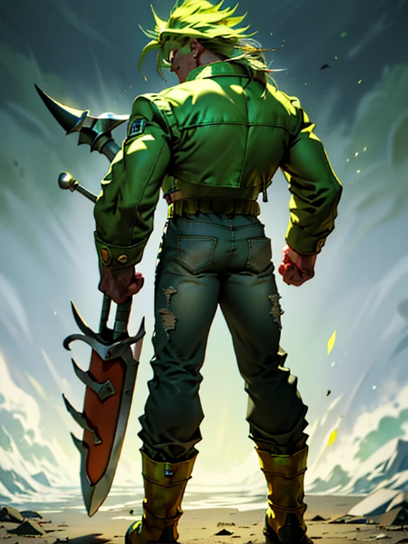 Highly detailed, (masterpiece), best quality, expressive eyes, perfect face, 1man, Spiked hair, long hair, Super_Saiyan_Trunks Green hair, green eyes, Bulky Body Builder Masculine body, Green leather Jacket & Jeans, Holding a Gigantic Battle Axe Spear Hammer, combat boots, full body, back view