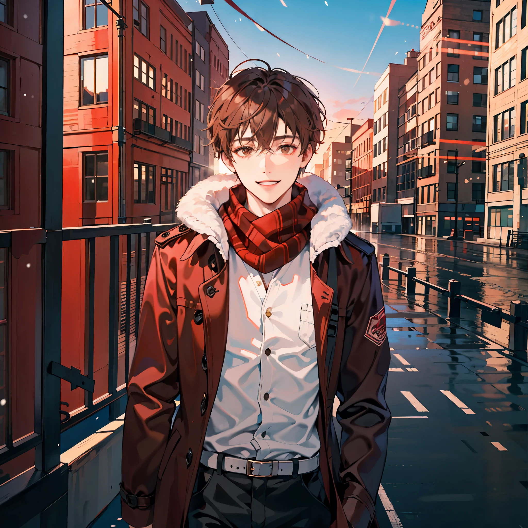 young man, short hair, brown hair, smiling, brown eyes, scarf, trench coat, red sweater, navy pants, city background, winter vibe, dusk, 8K, master piece, best quality