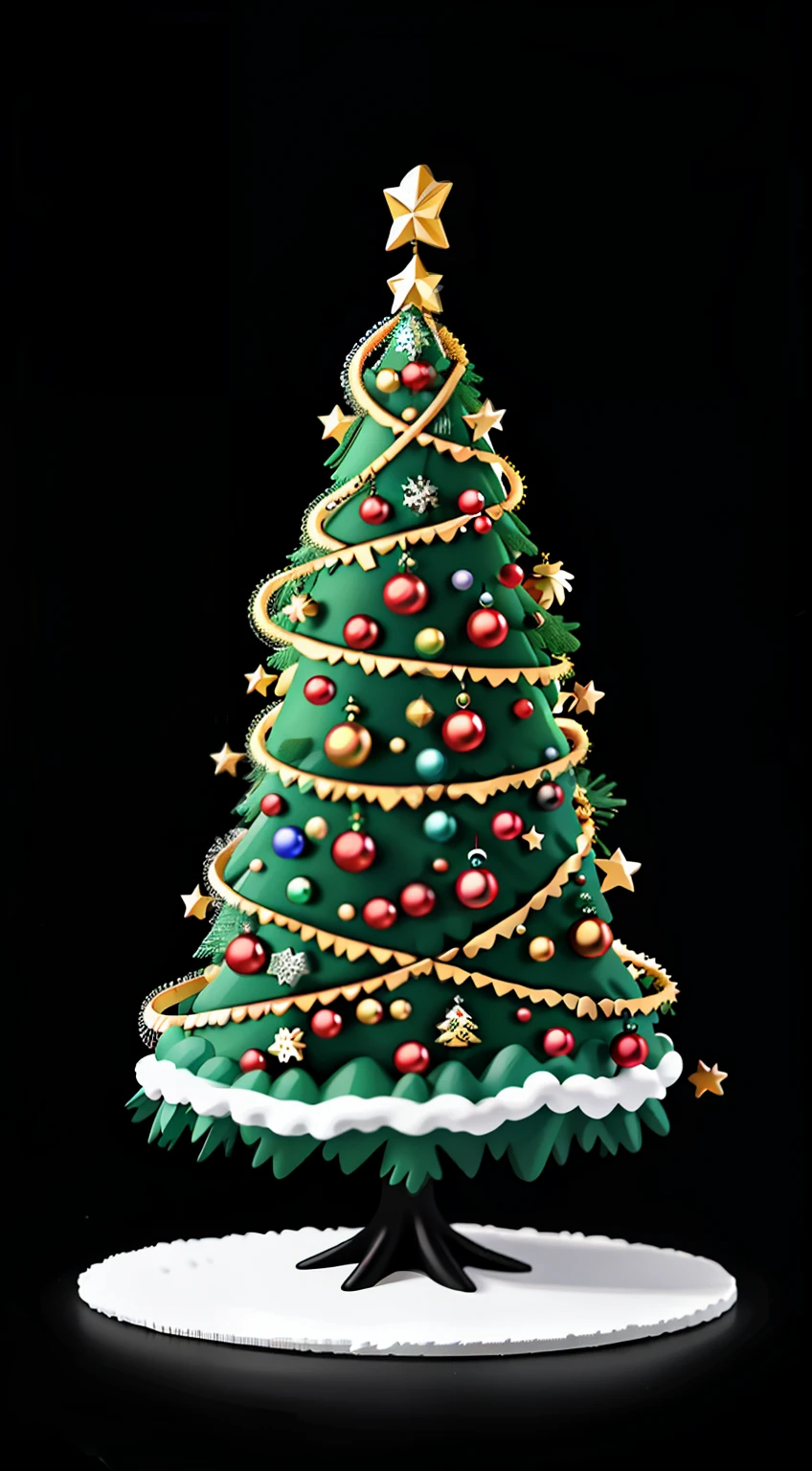 A decorated christmas tree in black background, masterpiece, high quality,