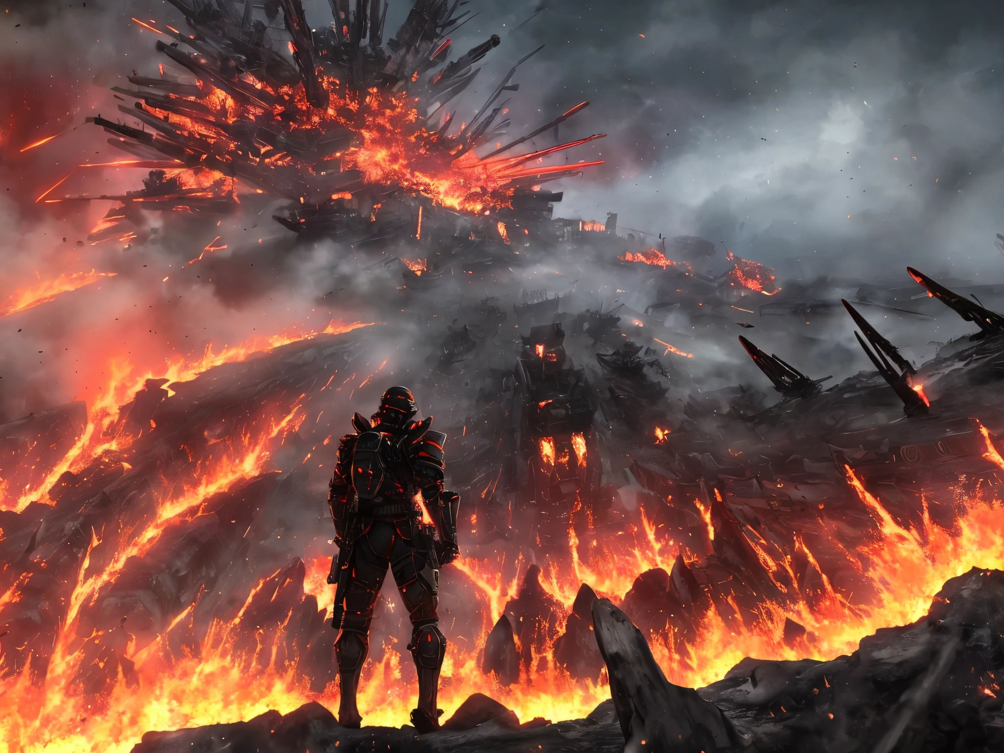 rear view, zoomed out view, solider, tall, girl muscular build, sci-fi body armor with shoulder and wrist armor waist armor, heavy plated armor, futuristic ballistic mask and helmet, armor color scheme red and black, burning forest in background, giant battle ship crashing into the foreground, character holding rifle,