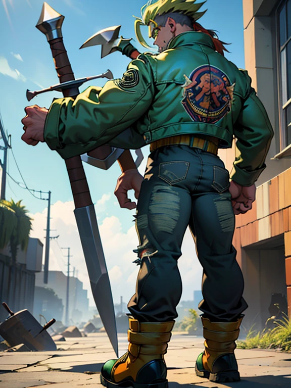 Highly detailed, (masterpiece), best quality, expressive eyes, perfect face, 1man, Spiked hair, long hair, Super_Saiyan_Trunks Green hair, green eyes, Bulky Body Builder Masculine body, Green leather Jacket & Jeans, Holding a Gigantic Battle Axe Spear Hammer, combat boots, full body, back view