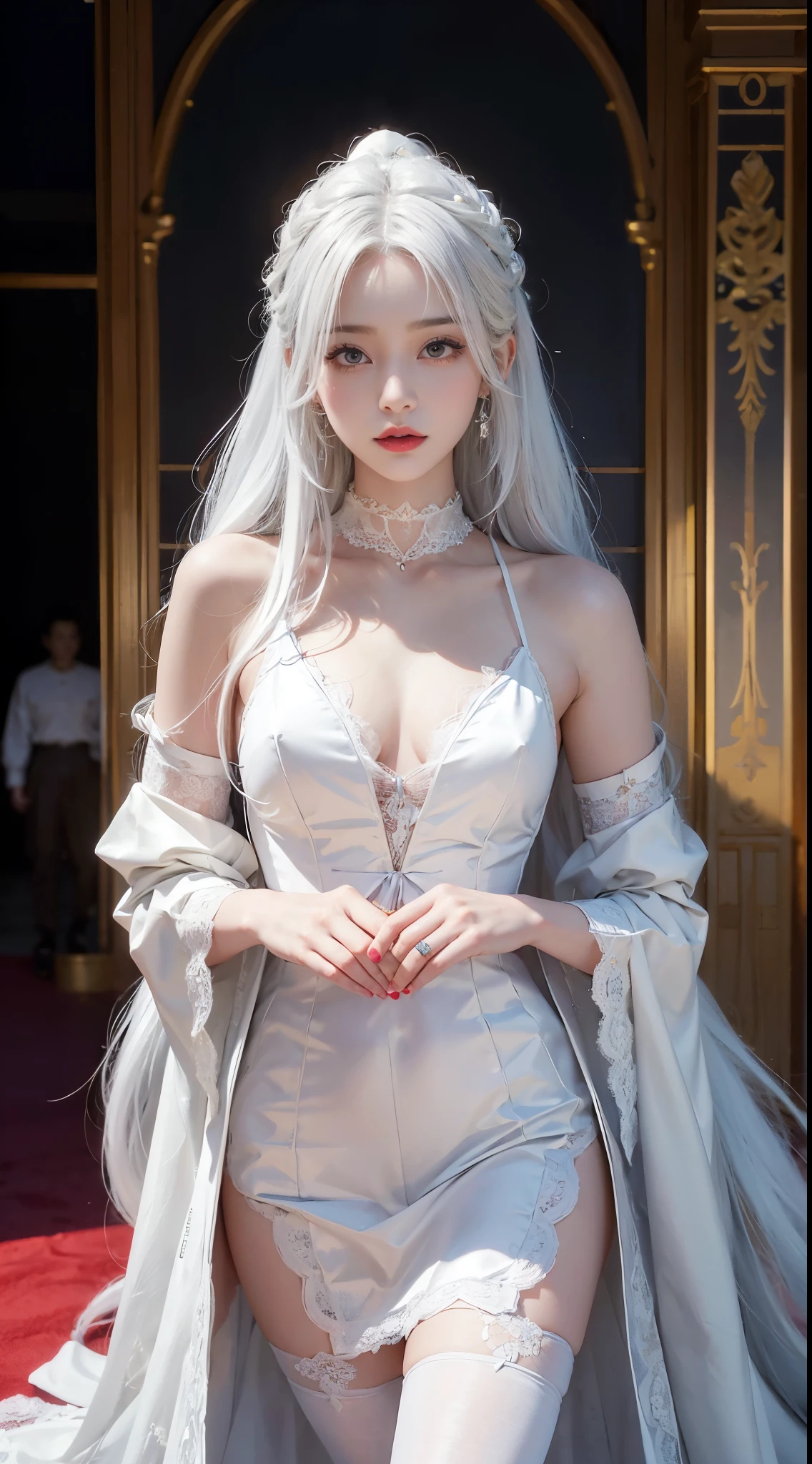 (((colorfulhair, [White hair]))), Hyper-realistic 8k CG, picture-perfect face, flawless perfection, Clean, tmasterpiece, professionalartwork, famousartwork, 电影灯光, cinematicbloom, is a perfect face,(young:1.2),((20yr old)), Nice face, pretty eyes,Look at the audience， (((Perfect female body, Willow waist))), young公主, Royal, sankta, welcoming, sankta, (royal palace), Fantastical, like a dream, Not real, scientific fiction, (ordinary:1.2), Beautiful outfit, Lace, Lace edges, Lace-trimmed tights, NSFW,, Ridiculously long hair, Very long hair, (Rich:1.4), choker necklace, ear nipple ring, bangle, armlets, view the viewer,(virgin:1), (Hands have up to five fingers), (Redlip)