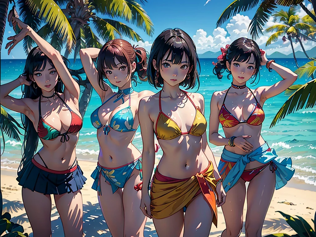 ​masterpiece、top-quality、超A high resolution、 [ 4 k digital art ]!!、 8k high quality detailed art、Wallpaper、 Detailed Digital Anime Art、Realisticity、Cinema Angle、hposing Gravure Idol、((Full Body Portrait of a Beautiful Woman))、((two womens))、((Dance with open arms))、cute  face、 (Detailed depiction of a beautiful face)、kindly smile、、年轻、Bikini swimwear、(Ethnic patterns and primary colors wrapped around the waist and skirt)、Photorealistic perfect body、((Beautiful tropical beach landscape photography))、light Particle、llight rays、Tropical、Against the background of palm trees、on a sunny beach、Against the background of the sea、blur backgroun、