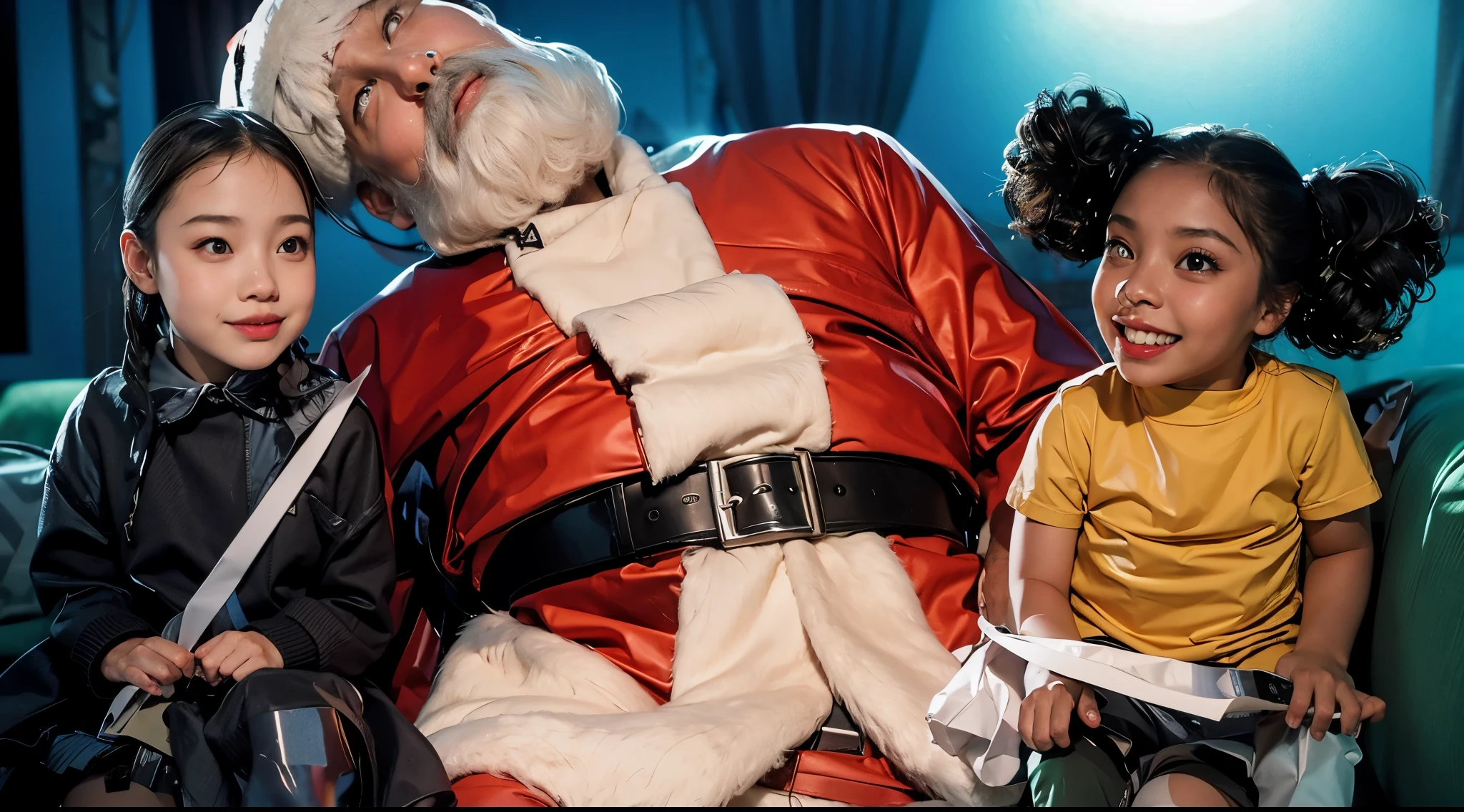 two girls sitting near Santa, sitting at green sofa, realistic. 4k, rim light, high resolution, 3d render
