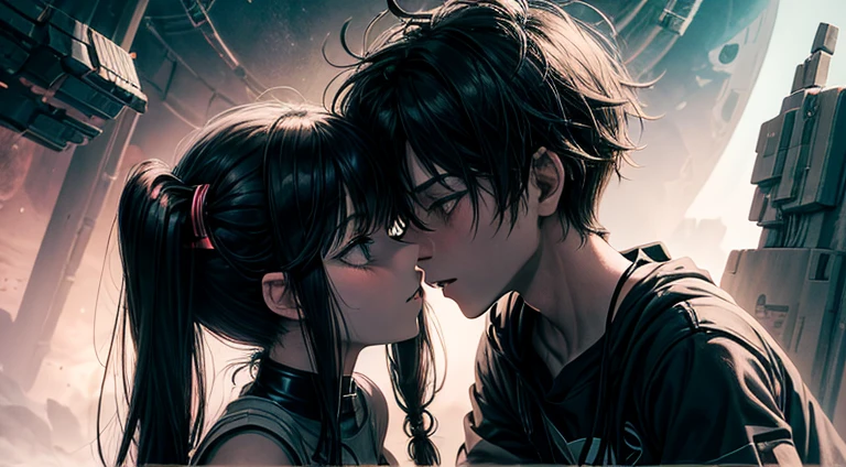 a teenager girl in black pigtails kissing an emo teenager male guy, spaceship, space ship, futuristic