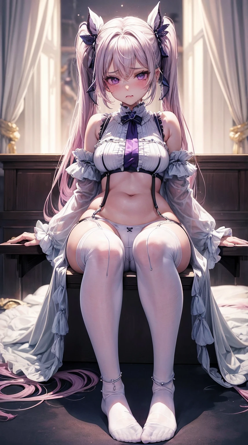 (tmasterpiece, quality, Best quality at best, offcial art, Beautiful and beautiful:1.2)white color hair，pigtails，showing belly，plumw，The waist is very thin，Thigh fleshy，large tities，The details were perfect，Pink bodysuit，suspender stockings，Purple eye，（Sit down position）（Leg lift position）（There is a tail behind him）（Blush 1.5）（mouth drool）（eyes half closed）（Many chains all over the body）（Crotch Spread Wide）（see soles of feet 1.5）（痴女）（Full picture mechanical sense 2.0）