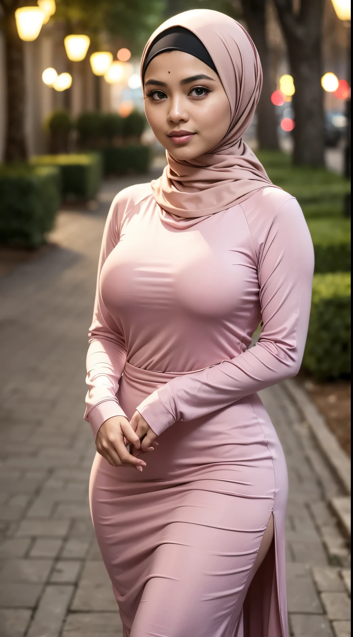 RAW, Best quality, high resolution, masterpiece: 1.3), Beautiful Malay woman in hijab, Masterpiece, perfect fit body, Big breasts, beautiful big eyes, Soft smile,RAW, Best quality, high resolution, masterpiece: 1.3), beautiful Malay woman in hijab,Masterpiece, perfect fit body, big breast, big orgeous eyes, Soft smile, woman pink_shirt, wearing handscarf,long dress , smooth turtleneck, necklace , hairband, evening walk, City park, Great lighting, Bright colors, Clean lines