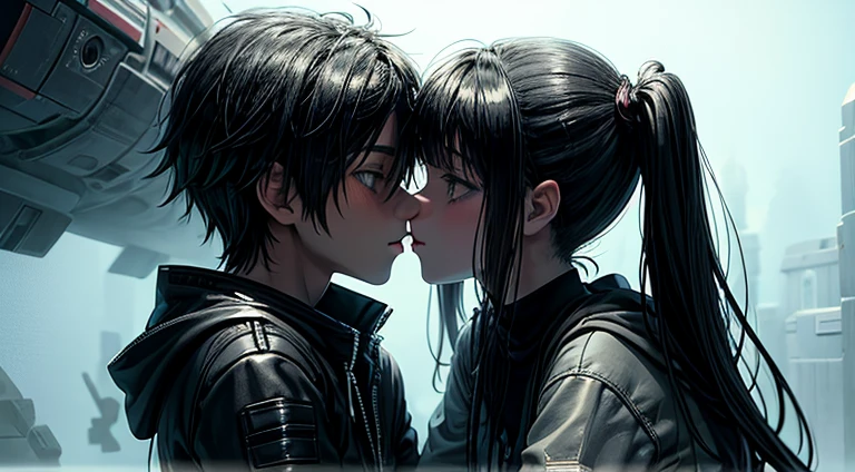 a ager girl in black pigtails kissing an emo teen male guy, spaceship, space ship, futuristic