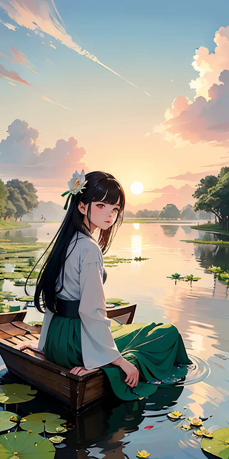 Masterpiece, best quality, official art, 8k wallpaper, very detailed, illustration, night outdoor landscape, moonlight, small building, (1 girl, spread out Hanfu long skirt, sitting on a boat, drunken expression, black hair, long hair, detailed eyeREAK, (background: river full of lotus leaves, lots of lotus leaves: 1.3, many, many withering lotuses: 1.3, clouds in the sky), lots of lotus leaves, lots of lotus flowers, withering lotus flowers