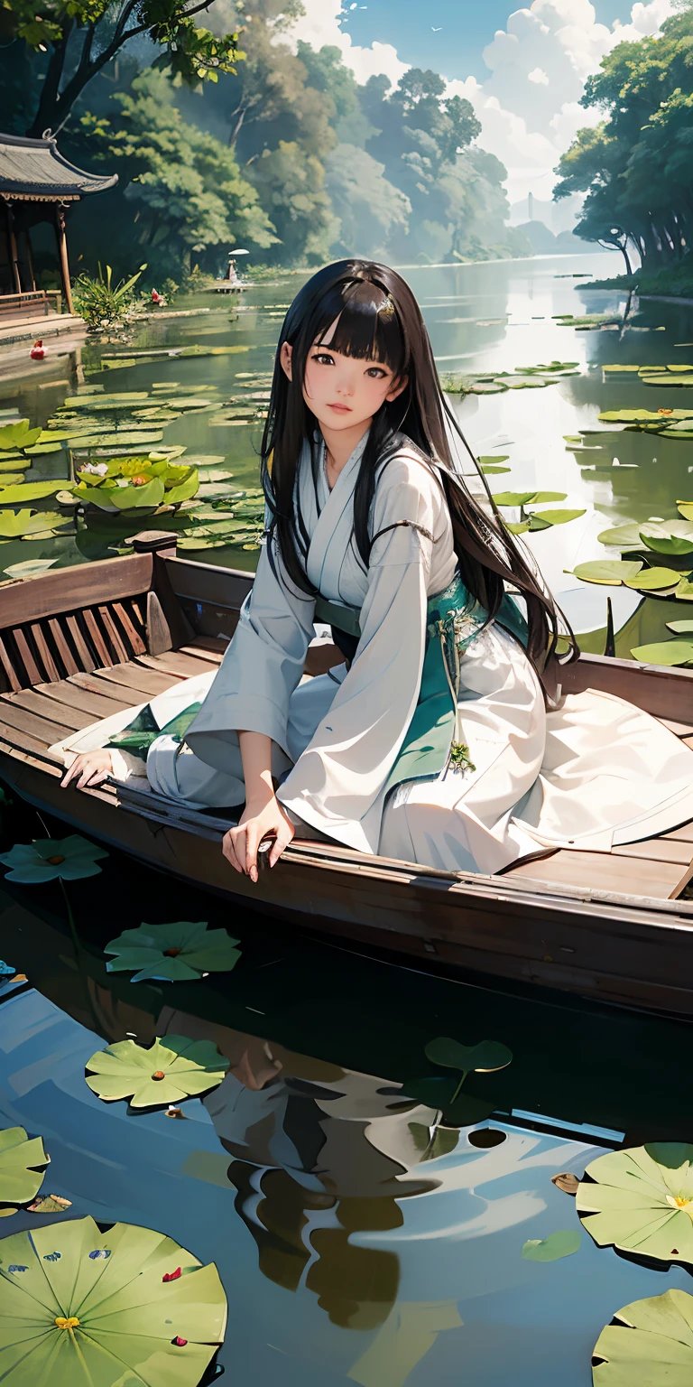 Masterpiece, best quality, official art, 8k wallpaper, very detailed, illustration, night outdoor landscape, moonlight, small building, (1 girl, spread out Hanfu long skirt, sitting on a boat, drunken expression, black hair, long hair, detailed eyeREAK, (background: river full of lotus leaves, lots of lotus leaves: 1.3, many, many withering lotuses: 1.3, clouds in the sky), lots of lotus leaves, lots of lotus flowers, withering lotus flowers