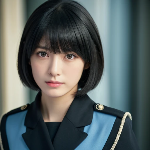 (Top resolution, Distinct_image) Best Quality, Single person, One Woman, Solo, masutepiece, Highly detailed, semi - realistic, Black short hair, Black hair, Bangs, 18 years old, Mature, light blue Military uniform, Military uniform, Indoor background, Gentle, authoritative, Powerful, Exquisite facial features, Exquisite facial features