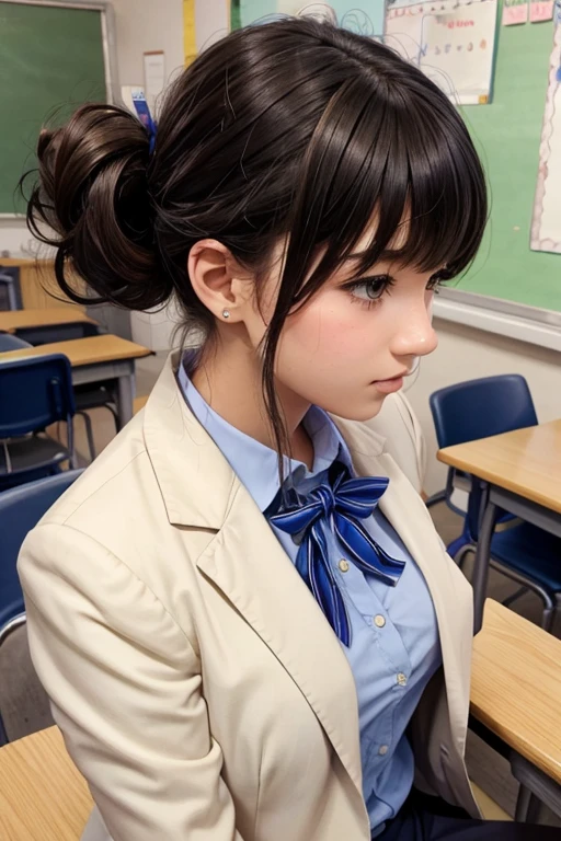 Realistic high school girl wearing a blazer，Hairstyle shortcuts，soio，‎Classroom